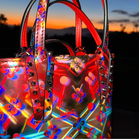 Louboutin: Holographic Patent Cabata Spiked Leather Mini Tote Crossbody Bag - Picture 9 of 17
